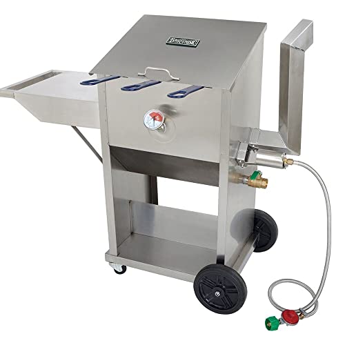 Bayou Classic 700-709 9-gal Stainless Bayou Fryer Features Stainless Cart w/Side Shelf Three Mesh Baskets Fry Thermometer 10-psi Regulator w/ 48-in