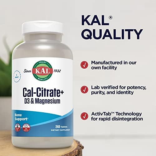 KAL Cal-Citrate+, Calcium Citrate Plus Vitamin D-3 and 500 mg of Magnesium, Healthy Bones and Teeth Support, Gluten Free and Lab Verified for Quality