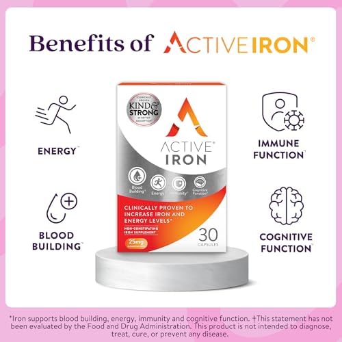 Active Iron Supplement 25mg, Clinically Proven to Increase Iron, Gentle | Optimum Absorption Iron Pills, Increases Energy Levels, Non-Constipating, Avoids Nausea, 60 On-the-Go Foil Protected Capsules
