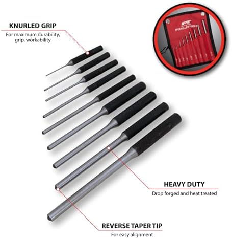 Performance Tool W758 5-Piece 8 in. Long Pin Punch Set | Carbon steel construction with hardened tips. Knurled handles for sure grip. Reaches deeply set pins