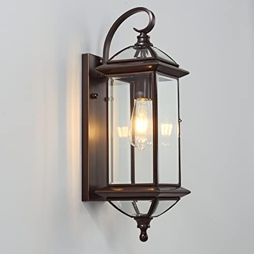 Solid Copper Outdoor Wall Light, 18.5" Oil Rubbed Bronze Porch Lantern with Clear Beveled Glass, Exterior Wall Sconce for Front Door, Garage