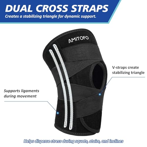 Knee Brace for Meniscus Tear, Spring Stabilizers for ACL MCL Black | Patella Gel Pad, Adjustable Medium Support Brace for Men and Women
