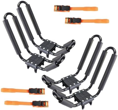 2 Pairs Heavy Duty Kayak Roof Rack J-Bar Carrier Holder - Includes 4 Pcs Ratchet for Canoe, SUV, Cars, Truck, Surf Ski