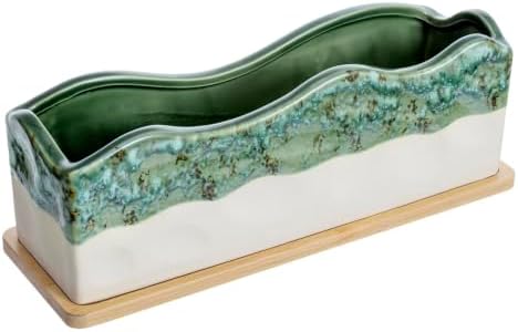 MyGift Beige Green Ceramic Glazed Rectangular Succulent Planter Pot