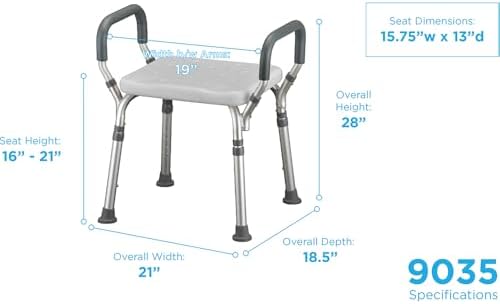 NOVA Adjustable Shower Bench with Padded Arms – Lightweight, Skid-Resistant Tips, White Plastic Seat with Drainage Holes