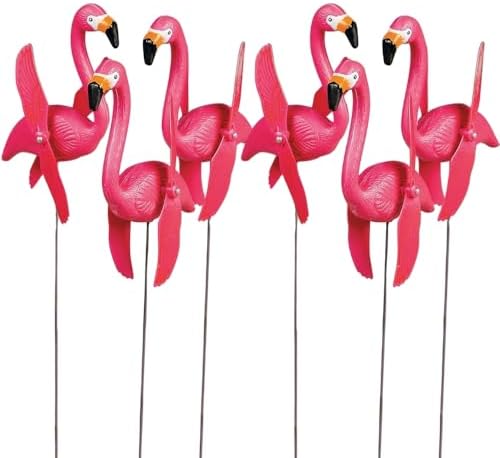 Fun Express Mini Pink Flamingos Yard Ornaments Set of 6 - Wind Spinners Outdoor with Twirling Wings | Flamingo Decor Gifts for Women | Tropical Luau