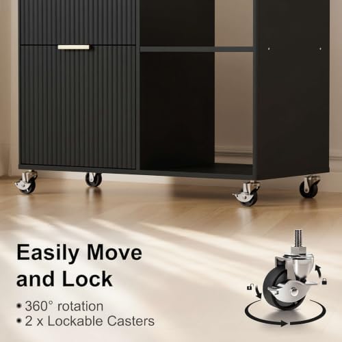 3 Drawer Fluted Mobile Filing Cabinet with Lock, Lateral Rolling Under Desk File Cabinet, Wooden Printer Stand Table for Home Office Essentials Storage Organization Furniture Letters/A4(Oak)