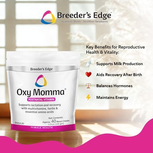 Breeder's Edge Oxy Momma Soft Chews, Postnatal Vitamin Supplement for Lactating Dogs and Cats, Supports Recovery, Hormones, and Next Pregnancy - for Medium & Large Dogs, 40ct Soft Chews