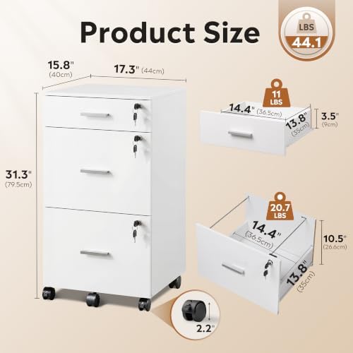 DEVAISE 3 Drawer File Cabinet with Lock & Wheels, Wood Printer Stand | Mobile Filing Cabinet Fits Letter/A4 Size; Rustic Brown Wood Printer Stand Keeps Home Office Files Secure And Organized