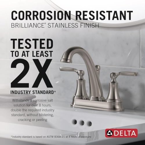 Delta Woodhurst Centerset Brushed Nickel Bathroom Faucet, 4 Inch 3 Hole Bathroom Sink Faucet for Vanity, Metal Push-Pop Drain Assembly