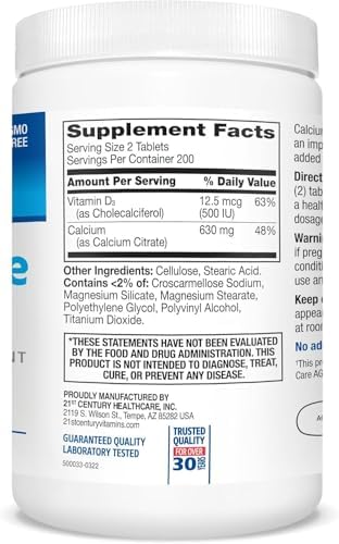 21st Century Calcium Citrate Plus D3 Maximum - 630 mg Calcium, Bone Health Support, Easily Absorbable, Gluten Free, Non-GMO, Compare to Citracal +D3, 400 Tablets