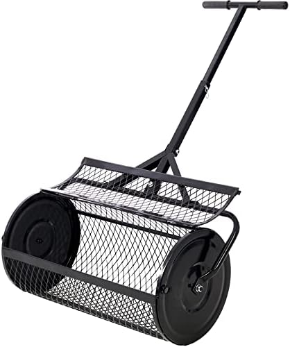 Compost Spreader - 24'' Peat Moss Spreader Manure Spreaders Roller with Adjustable T Shaped Handle Lightweight Metal Mesh Spreader for Lawn Garden Spreading Manure Topsoil, Black 0.5" x 1" Open Slits