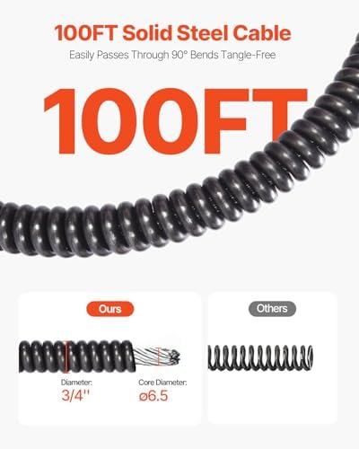 VEVOR 100FT x 3/4 Inch Drain Cleaner Machine Sewer Auger Auto Feed with 4 Cutter & Air-Activated Foot Switch for 4" to 8" Pipes, Orange, Black