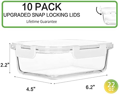M MCIRCO 10 Pack,22 oz Glass Food Storage Containers with lids, Gray | Glass Meal Prep Containers,Airtight Lunch Containers with Lids, Microwave, Oven, Freezer and Dishwasher Friendly, BPA Free