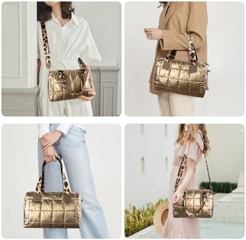 Quilted Gold Crossbody Tote Bag, Puffy Purses Top Handle Handbags, Puffer Shoulder Bag for Women