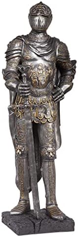 Design Toscano King's Guard Medieval Decor Half Scale Knight Armor Gothic Statue, 39 Inch Tall, Cast Stone Resin, Metallic Finish with Faux Stone Base