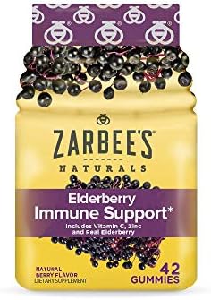 Zarbee's Kids Elderberry Immune Support Gummies, 60 ct | For Kids Ages 12+ Years, Real Elderberry, Vitamins A, C, D3, E & Zinc, No Artificial Sweeteners or HFCS