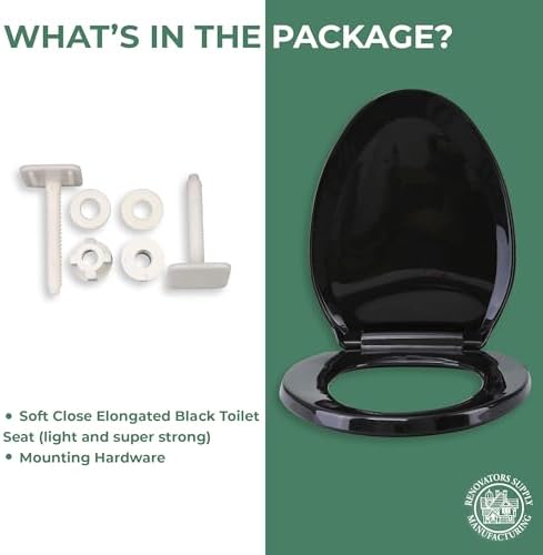 Renovators Supply Manufacturing Plastic Soft Close Toilet Seat Elongated Quiet-Close Lid, Contoured Seat, Easy to Install and Clean, Grip-Tight Bumpers with Adjustable Mounting Hardware, Black