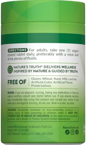 Nature's Truth Iron Supplement | 65mg | 120 Tablets | 325mg Ferrous Sulfate | Vegan, Non-GMO & Gluten Free Pills