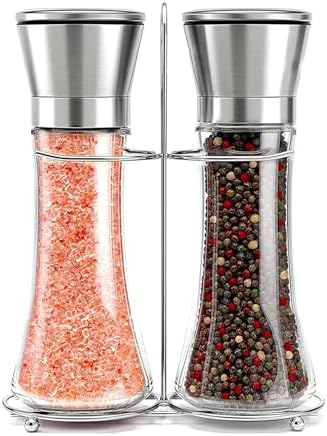 Willow & Everett Salt & Pepper Grinder Set with Stand - Stainless Steel Manual Mills & Holder with Adjustable Coarseness