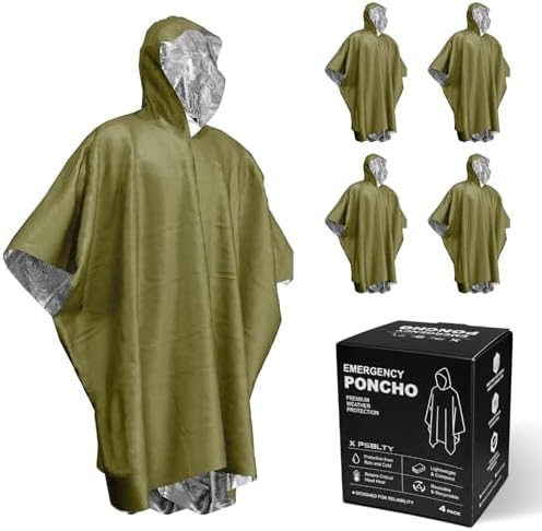4 Pack Emergency Survival Mylar Poncho | 90% Heat Retention, Waterproof, Windproof, Tear-Resistant, Individually Packed for Hiking, Camping, Car Emergency Kit