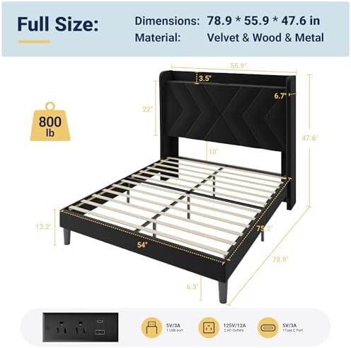 Allewie Full Size Platform Bed Frame with Charging Station and Storage Shelf/Upholstered Velvet Wingback Headboard/Wooden Slats Support/No Box Spring Needed/Easy Assembly, White