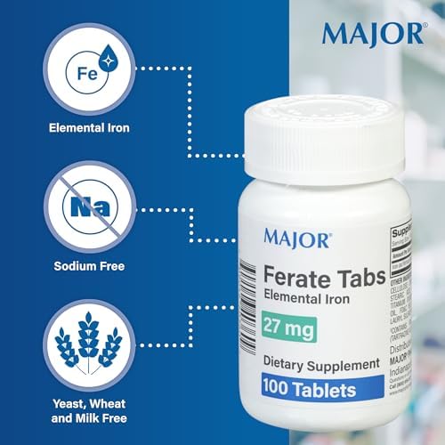 Major 27 mg Ferate Tabs - Ferrous Gluconate Elemental Iron Dietary Supplement - 100 Count (3 Pack)