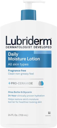Lubriderm Daily Moisture Body Lotion, Fragrance Free, 24 fl. oz | Hydrating Face, Hand & Body Lotion + Pro-Ceramide for Sensitive Skin, 24-Hour Moisturizer with Shea Butter, Non-Greasy