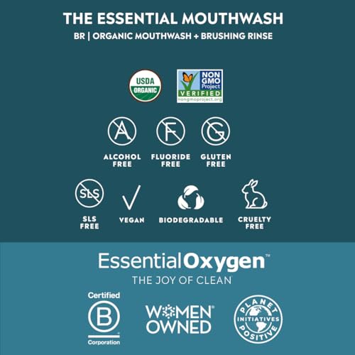 Essential Oxygen Certified BR Organic Brushing Rinse, All Natural Mouthwash for Whiter Teeth, Fresher Breath, and Happier Gums, Alcohol-Free Oral Care, Peppermint, 16 Ounce, Package may vary