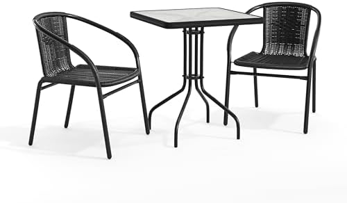 Flash Furniture Lila 23.5'' Square Glass Metal Table with 2 Black Rattan Stack Chairs | Durable Construction, Commercial Use