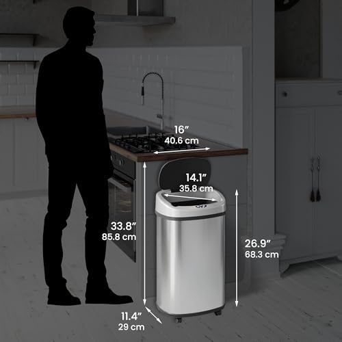 SensorCan 13 Gallon Sensor Trash Can with Wheels and AbsorbX Odor Control System, Stainless Steel