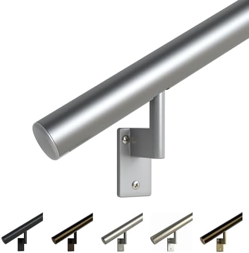 Promenaid Silver 3ft Flush Handrail Kit - Complete Indoor/Outdoor Stair Handrail - Modern 1.6" Round Satin-Anodized Aluminum Railing with 2 Silver