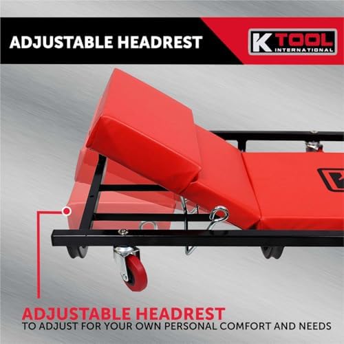 K Tool International 74961 Creeper Seat, Adjustable Headrest with Fully Padded Support, Oil Resistant Rubber Casters