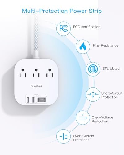 One Beat Power Strip with USB C, 3 Outlets 4 USB Ports (22.5W/4.5A), 6ft