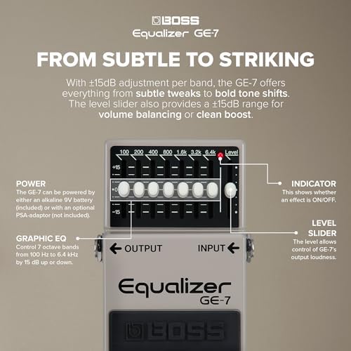 BOSS GE-7 Equalizer | Compact Graphic Equalizer Pedal | Tailored for Guitarists | 7 Bands of EQ Sliders | Guitar-Optimized Frequencies | ±15dB