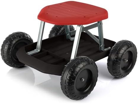 Pure Garden Rolling Garden Seat with Wheels and Tool Tray, Black/Green | Gardening Stool Garden Cart Scooter with Storage for Yard Tools