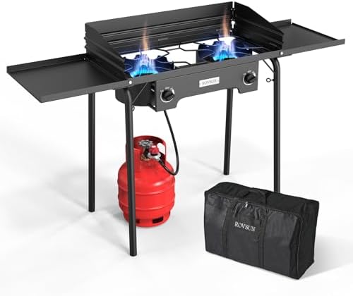 ROVSUN 2 Burner Outdoor Propane Gas Stove with Adjustable Regulator, 150,000 BTU High Pressure Stand Cooker for Backyard Cooking Camping Home Brewing Canning Turkey Frying