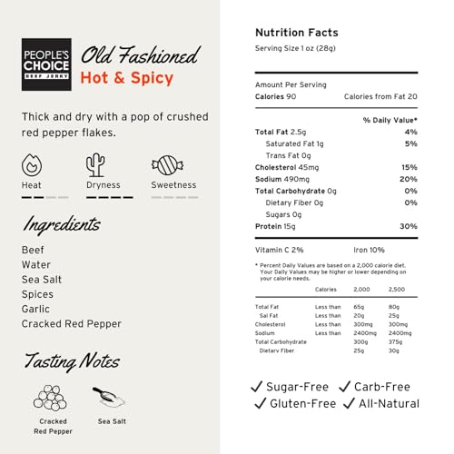 People's Choice Beef Jerky - Sugar Free, 15g Protein - Hot & Spicy 16 oz | Zero Carb, Dry Style Strips, Whole Muscle Cuts, Gluten Free, Soy Free