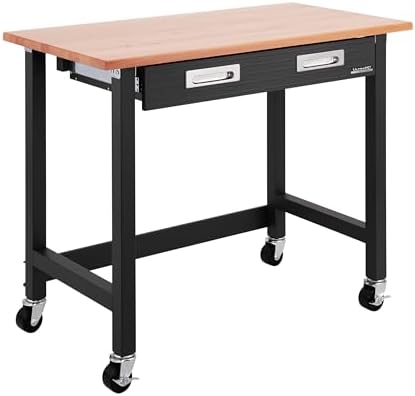 Seville Classics UltraGraphite Wood Top Workbench on Wheels with Sliding Organizer Drawer Table, 48", Graphite