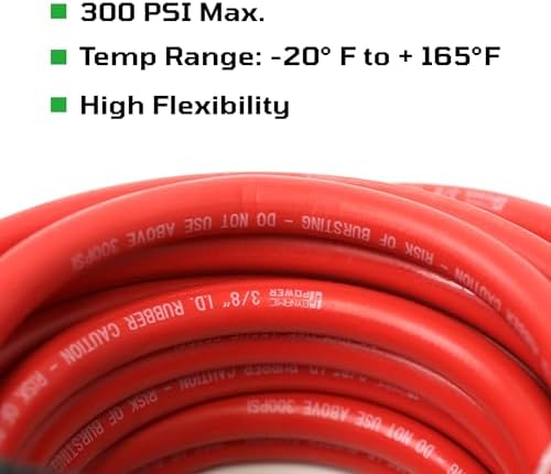 DYNAMIC POWER 3/8" x 50' Rubber Air Hose - 300 PSI - Assembly with 1/4" Male Pipe Thread Fittings & Bend Restictors (Red)