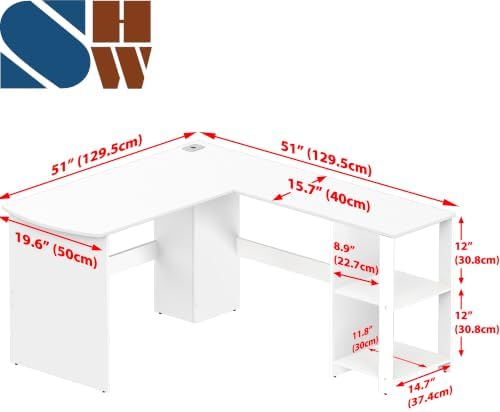 SHW 51 x 51 L-Shaped Home Office Wood Corner Desk with Storage, Espresso | Integrated Book Shelves