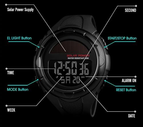 Gosasa Men's Outdoor Sports Multifunction Solar Power LED Digital Watches 50M Water Resistant (Black)