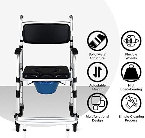 Giantex 3 in 1 Lightweight Shower Commode, Transport Bedside Commode with Wheels, Adjustable Height and Pedal, Shower Wheelchair for Elder