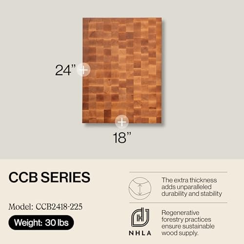 John Boos CCB Series Square Wooden Maple Cutting Board 18”x18” – 2.25” Thick, 22-lb Reversible Butcher Block with End-Grain & Finger Grips – Made in the USA