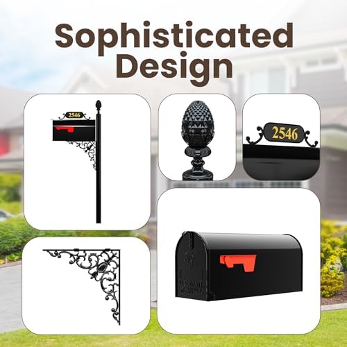 Oak Black Mailbox with Decorative Post Kit | Rust-resistant black metal mailbox includes personalized house numbers, decorative bracket