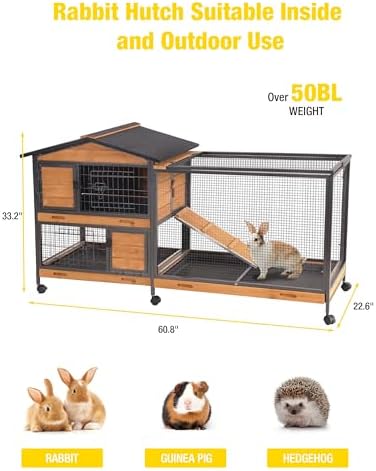 Aivituvin Rabbit Hutch, Indoor Bunny Cage with Run Outdoor Rabbit House with Two Deeper No Leak Trays - 4 Casters Include (Grey)