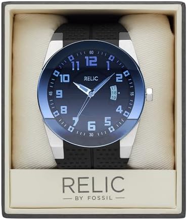 Relic by Fossil Men's Jake Three-Hand Day Date Watch, Silver Stainless Steel and Black Silicone Band Watch for Men