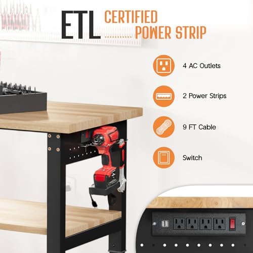Albott 48" Adjustable 2-Tier Workbench with Solid Wood Top, Max 2500lbs Capacity, Built-in Power Strip with 4 AC Outlets & 2 USB Ports