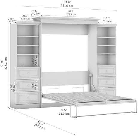 Bestar Versatile Queen Murphy Bed and 2 Closet Organizers with Drawers (115W) in White