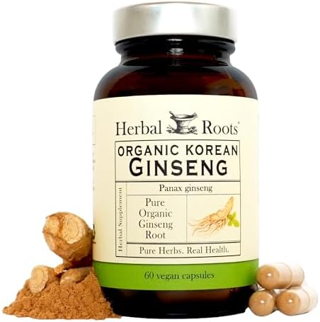 Herbal Roots Panax Ginseng | Organic Korean Ginseng Root Powder | 1000mg | High Ginsenosides for Energy & Performance | 60 Vegan Capsules